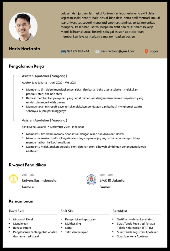 Contoh CV Farmasi Fresh Graduate